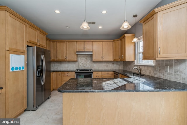 kitchen with hanging light fixtures, appliances with stainless steel finishes, a sink, under cabinet range hood, and a peninsula