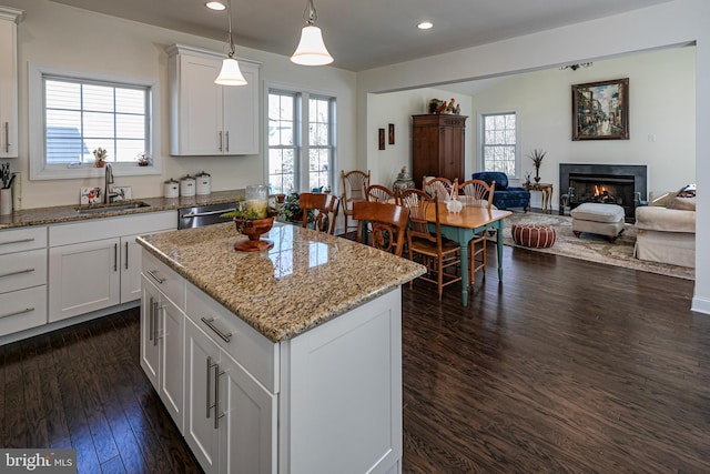 15 Milford Pl, Skillman, NJ 08558 - kitchen with light stone counters, dark wood-type flooring, a kitchen island, a sink, and dishwasher