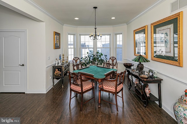 15 Milford Pl, Skillman, NJ 08558 - dining area with crown molding, visible vents, dark wood-type flooring, a chandelier, and baseboards