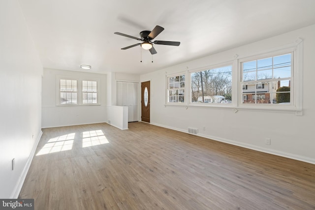 unfurnished living room featuring baseboards, light wood finished floors, visible vents, and a healthy amount of sunlight