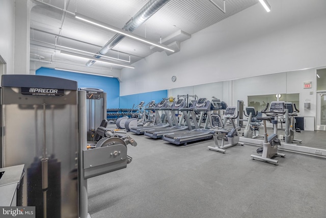 workout area with a garage and a towering ceiling