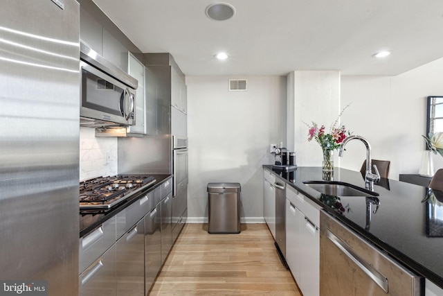 kitchen with a sink, visible vents, appliances with stainless steel finishes, backsplash, and modern cabinets