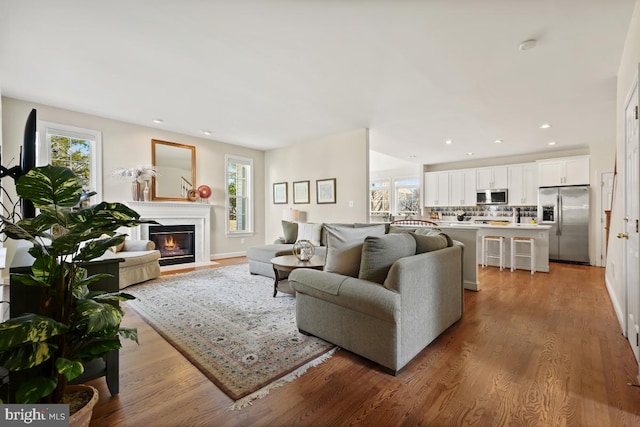 living room featuring light wood-type flooring, a wealth of natural light, and a fireplace with flush hearth