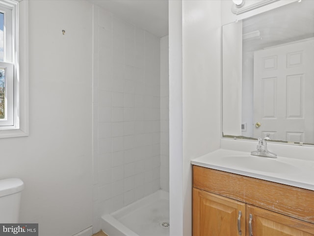 full bathroom with a stall shower, vanity, and toilet