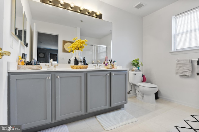 full bathroom featuring double vanity, visible vents, toilet, a stall shower, and a sink