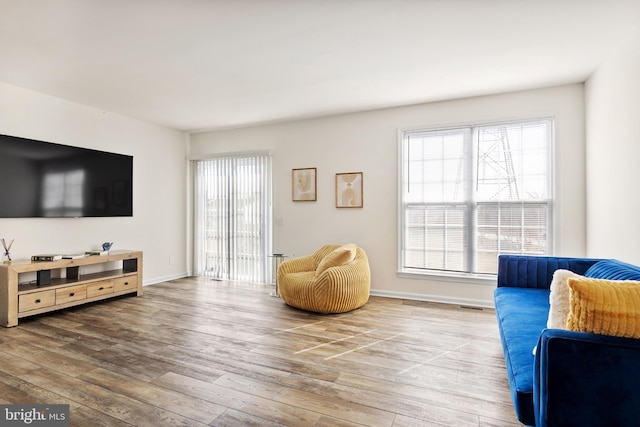 living room featuring wood finished floors and baseboards