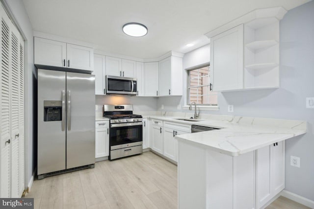 kitchen with white cabinets, a peninsula, stainless steel appliances, open shelves, and a sink