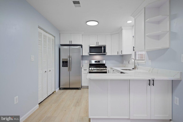 kitchen with open shelves, appliances with stainless steel finishes, white cabinets, a sink, and a peninsula