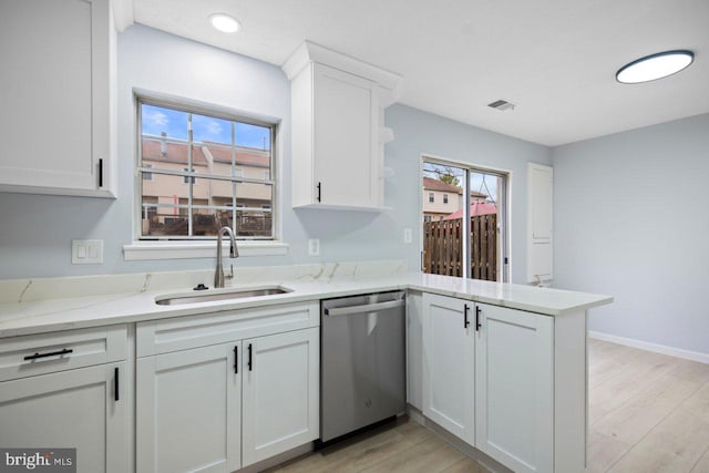 kitchen featuring visible vents, stainless steel dishwasher, white cabinetry, a sink, and a peninsula