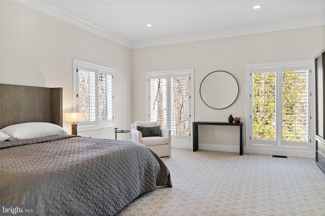 bedroom with visible vents, ornamental molding, recessed lighting, carpet floors, and baseboards