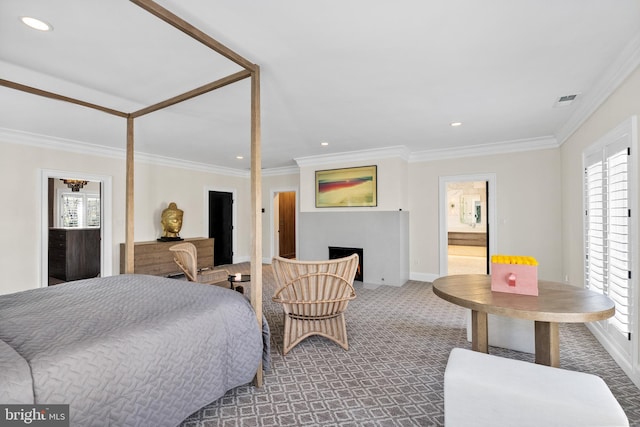 carpeted bedroom with multiple windows, a fireplace, visible vents, and ornamental molding