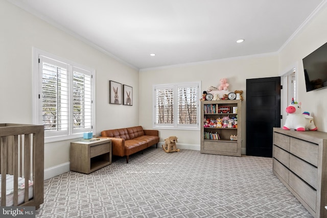 sitting room with recessed lighting, baseboards, carpet floors, and ornamental molding