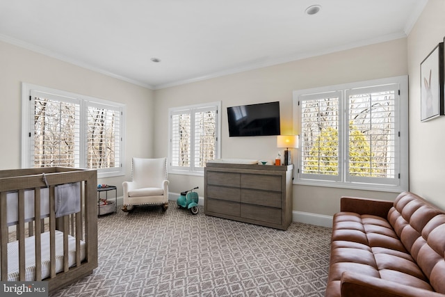 bedroom with carpet flooring, crown molding, multiple windows, and baseboards