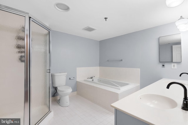 full bath with toilet, a sink, visible vents, tile patterned floors, and double vanity