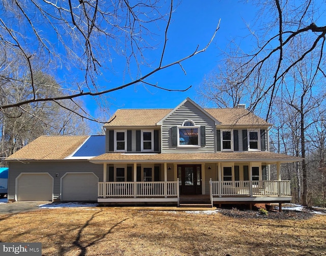 view of front of home featuring an attached garage, driveway, a porch, and a shingled roof