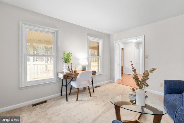 office space with carpet, visible vents, and baseboards