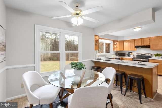 dining space featuring ceiling fan and baseboards