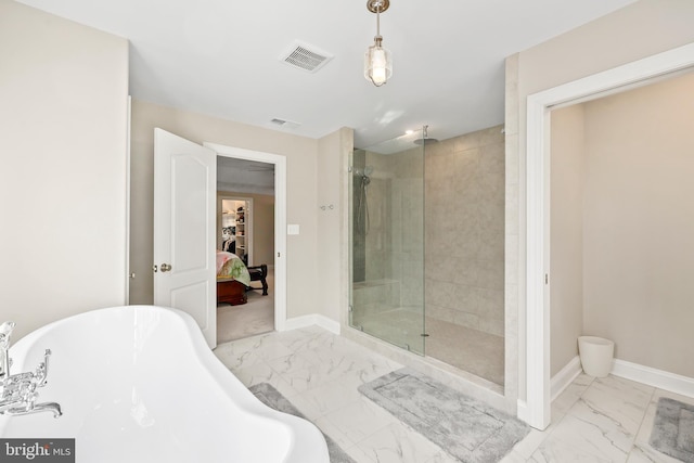 ensuite bathroom with baseboards, visible vents, marble finish floor, and a stall shower