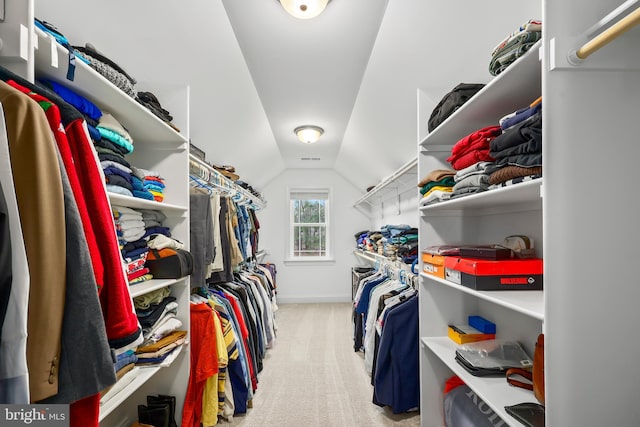 walk in closet featuring carpet flooring and lofted ceiling