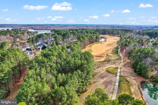 aerial view with a water view and a wooded view