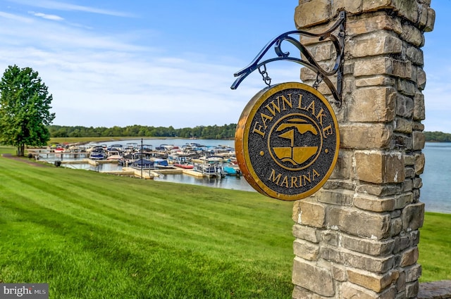 community / neighborhood sign with a water view and a lawn