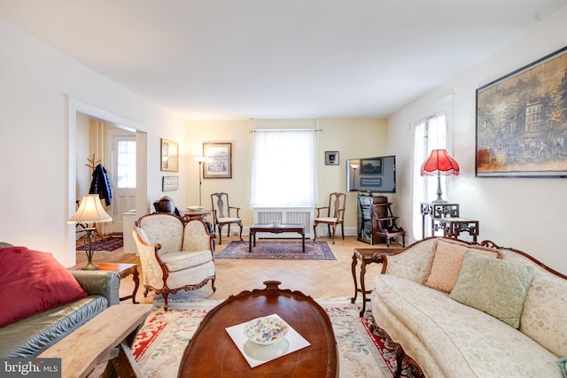 living area featuring baseboards and a healthy amount of sunlight