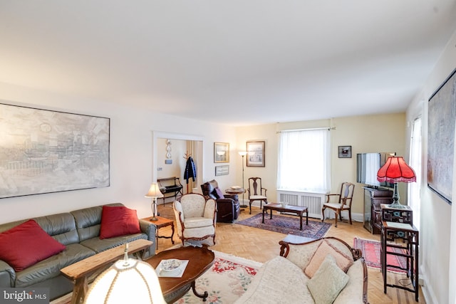 living area with radiator heating unit and baseboards