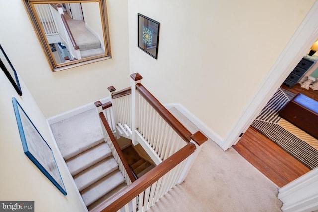 stairway with carpet flooring and baseboards