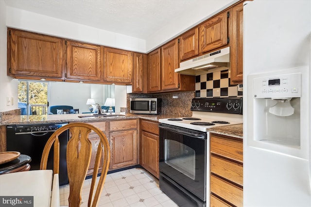 kitchen with black dishwasher, range with electric stovetop, stainless steel microwave, a sink, and under cabinet range hood