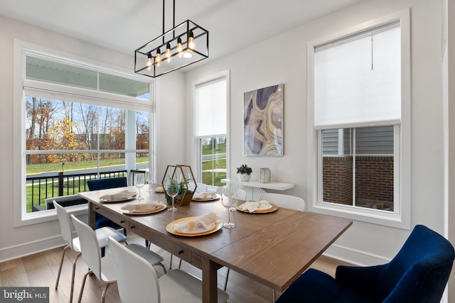 dining room with baseboards, a chandelier, and wood finished floors