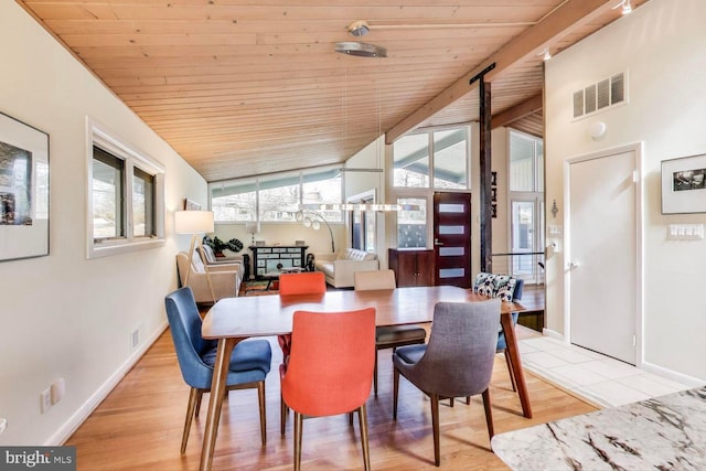 dining area featuring vaulted ceiling, wood ceiling, light wood-type flooring, and visible vents