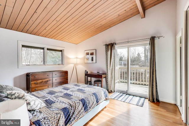 bedroom featuring vaulted ceiling with beams, access to exterior, wooden ceiling, and wood finished floors