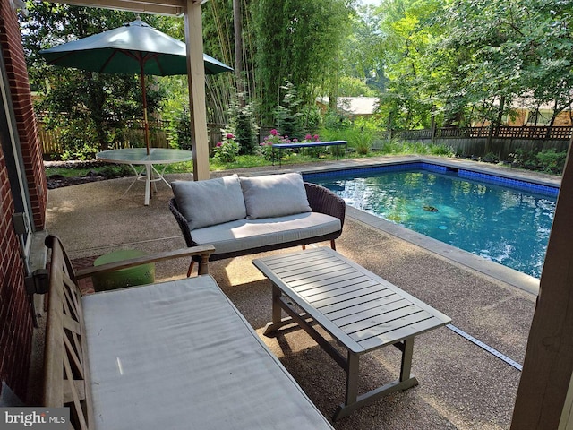 view of pool featuring a fenced in pool, a patio area, outdoor lounge area, and a fenced backyard