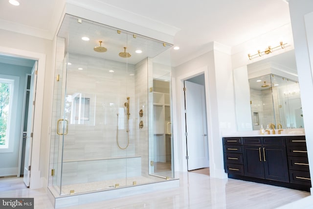 full bathroom with ornamental molding, a shower stall, and recessed lighting