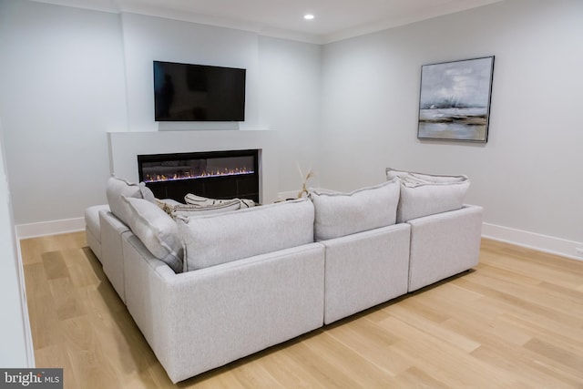 living area featuring wood finished floors, a glass covered fireplace, and baseboards