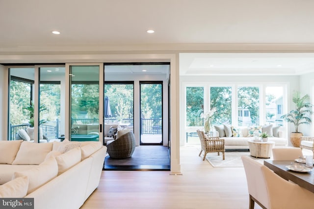 living room with recessed lighting and wood finished floors