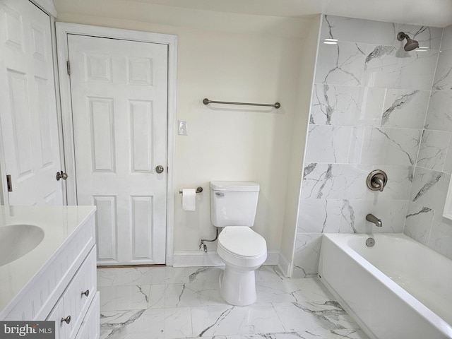 full bath featuring marble finish floor, baseboards, toilet, and shower / tub combination