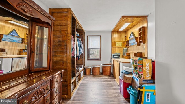 interior space with dark wood-style flooring