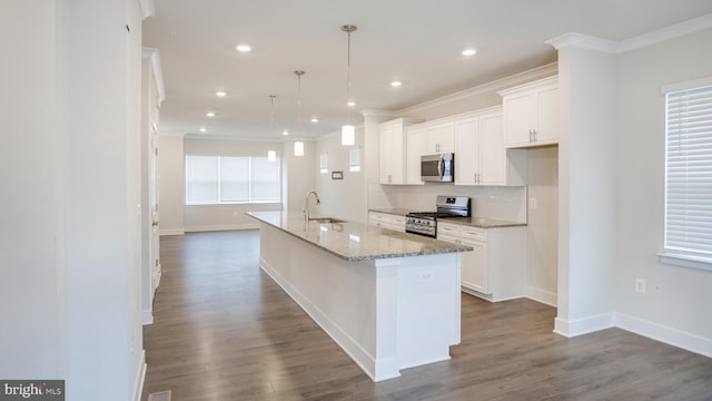 kitchen with stainless steel appliances, decorative backsplash, ornamental molding, a sink, and an island with sink