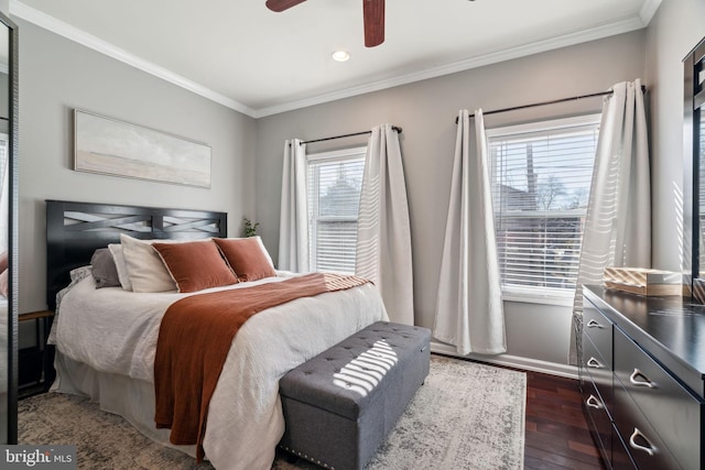 bedroom featuring dark wood-style floors, baseboards, recessed lighting, ceiling fan, and ornamental molding