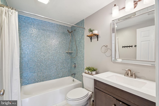 bathroom with vanity, shower / bath combination with curtain, and toilet