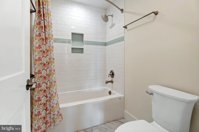 full bath with toilet and shower / tub combo with curtain