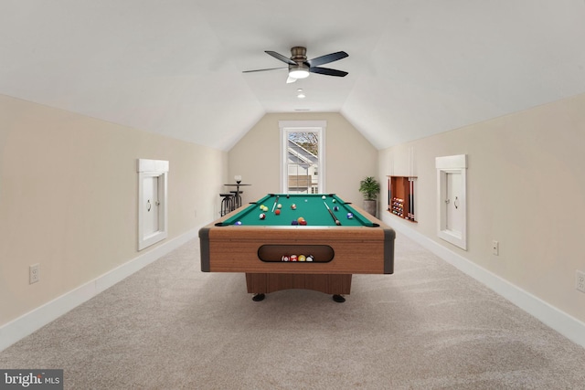 game room with light carpet, vaulted ceiling, baseboards, and billiards