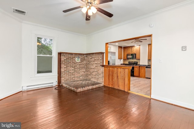 201 Washington St, Cambridge, MD 21613 - unfurnished living room with a baseboard radiator, ceiling fan, light wood-style floors, and ornamental molding