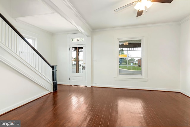 201 Washington St, Cambridge, MD 21613 - foyer entrance with stairway, wood-type flooring, a ceiling fan, and crown molding