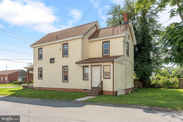 201 Washington St, Cambridge, MD 21613 - view of front of property featuring entry steps, crawl space, a chimney, a front yard, and roof with shingles