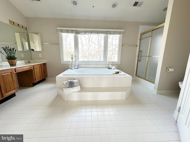 full bath featuring visible vents, toilet, tile patterned floors, a shower stall, and a bath