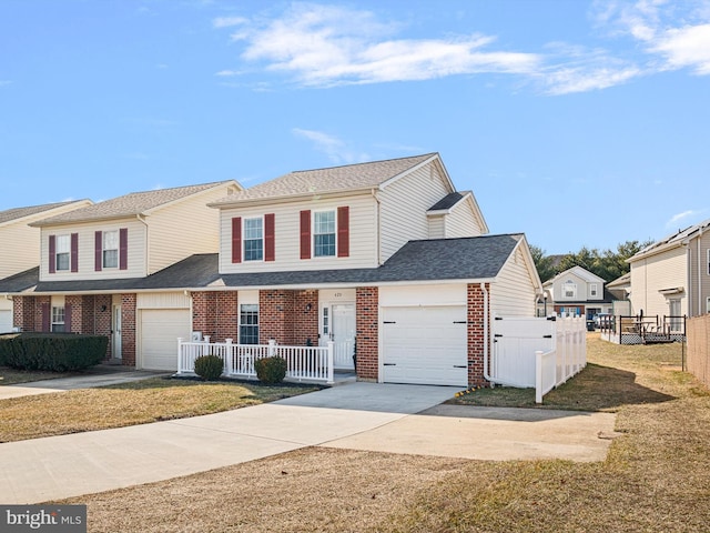 view of front of house with driveway, an attached garage, fence, a porch, and brick siding