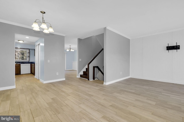 unfurnished living room featuring baseboards, stairway, an inviting chandelier, crown molding, and light wood-type flooring