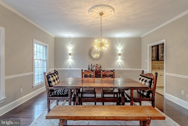 2 Wilderness Dr, Medford, NJ 08055 - dining area with crown molding, dark wood-style flooring, and a notable chandelier